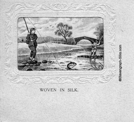 Experimental postcard with small rectangular silk depicting a fly fishing scene