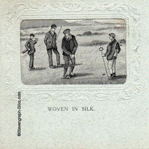 Experimental postcard with small rectangular silk depicting a golfing scene