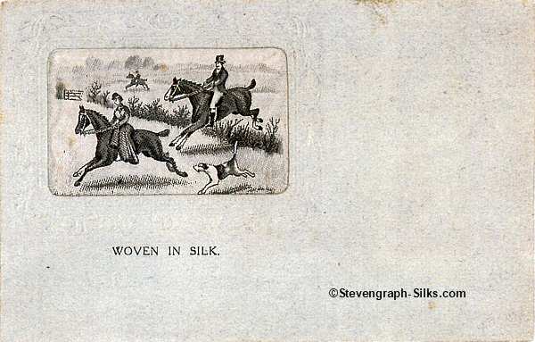 Experimental postcard with small rectangular silk depicting a hunting scene
