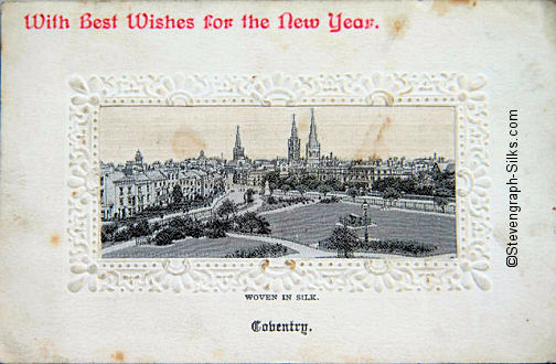 Black and white view of Coventry city in circa 1900, with seasonal overprinting