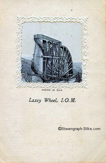 Black and white silk postcard with view of the Laxey Wheel, on the Isle of Man