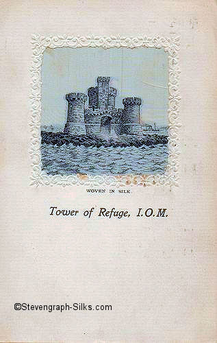 Black and white silk postcard with view of the Tower of Refuge, on the Isle of Man