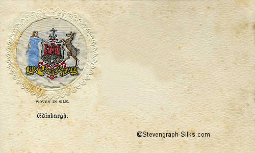postcard with small circular woven silk depicting the Edinburgh Coat of Arms