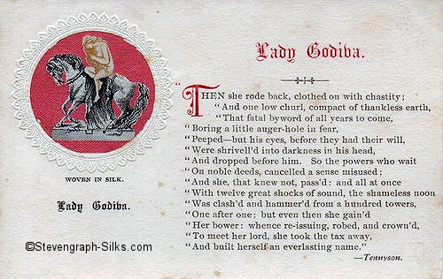 Small silk of Lady Godiva riding horseback, mounted on a postcard, with printed extract of Tennyson's poem