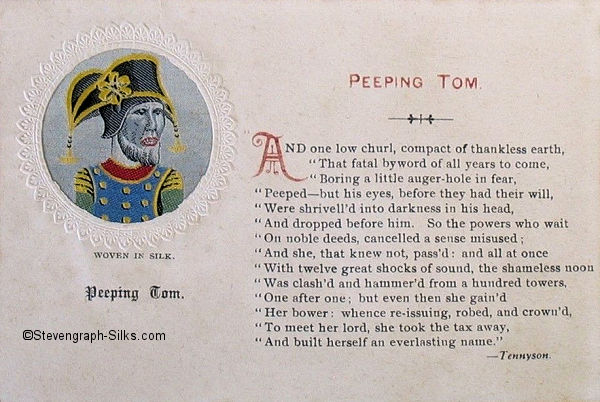 Small silk of Peeping Tom on postcard with extract of Tennyson's poem