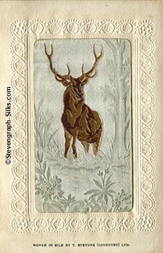 postcard with part of a Stevens woven silk bookmark, showing a stag