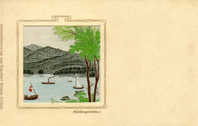 postcard with part of a Stevens woven silk bookmark, showing a lake scene