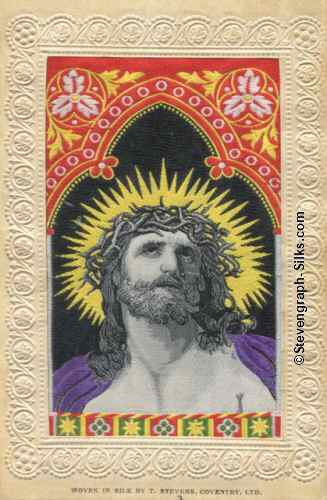 Portrait image of the crucified Christ with purple cloak