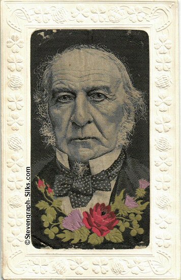 Gladstone silk portrait mounted in a foreign postcard