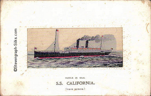 Ocean liner steaming left, with two black funnels and two masts with flags