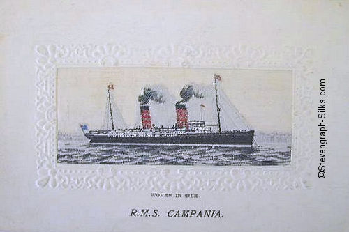 Ocean liner at anchor, with two funnels and two masts