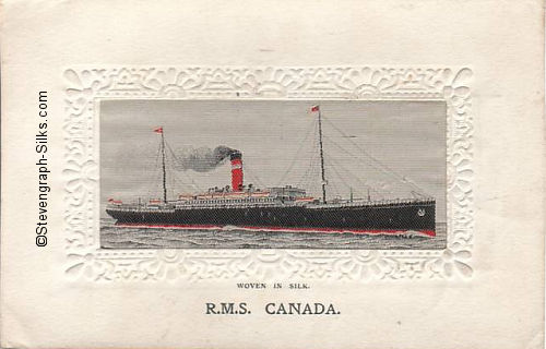 Ocean liner steaming right, with one red funnel with a white band, and two masts