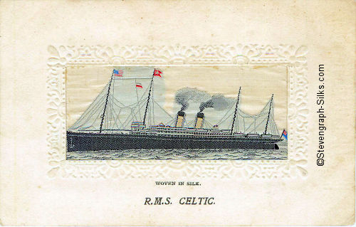 Ocean liner at anchor, with two funnels and four masts