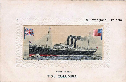 Passenger ship with three funnels and two masts, together with UK and USA flags