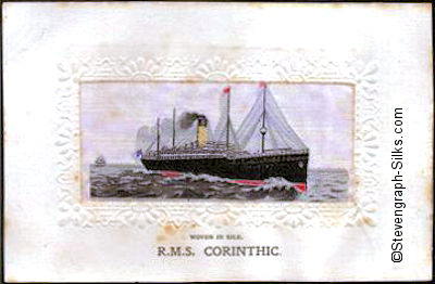 Ocean liner steaming right with yellow funnel with black top and four masts