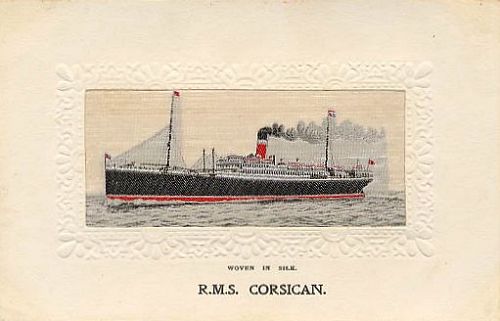 Ocean liner steaming left with two masts and a red funnel with white and black banding