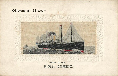 Ocean liner steaming right, with single yellow funnel with black top and four masts