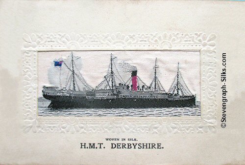 military looking ship sailing right, with one funnel and four masts