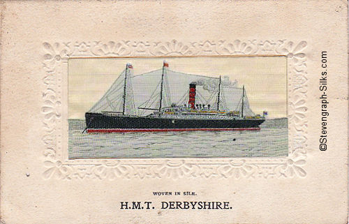ship at anchor, facing left, with one funnel and four masts
