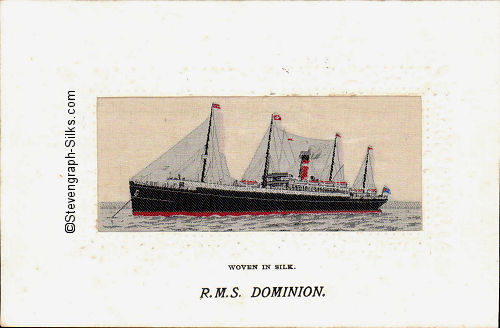 Ocean liner at anchor, with one red funnel with white stripe and four masts