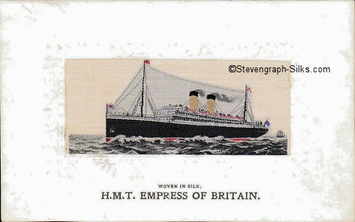 Ocean liner steaming left, with two yellow funnels and two masts
