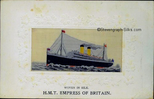 Ocean liner steaming left, with two yellow funnels and two masts