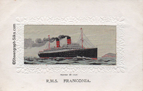Ocean liner steaming right, with two funnels and two masts