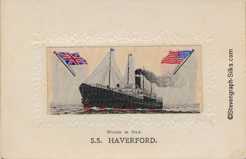 Ocean liner steaming half left, with flags of Great Britain and USA either side of ship