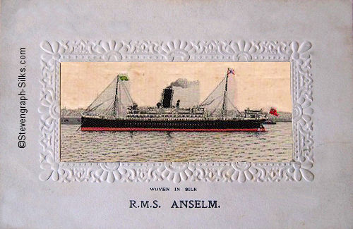 Ocean liner at anchor, with single funnel and two masts with flags