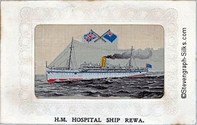 naval ship steaming left, with image of small crossed flags woven in the silk above the image of the ship