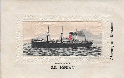 Ocean liner sailing left with one red, black and white funnel and two masts