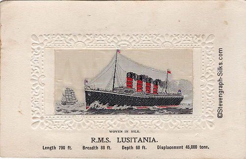 Ocean liner steaming left, with four funnels and two masts, and sailing ship in background