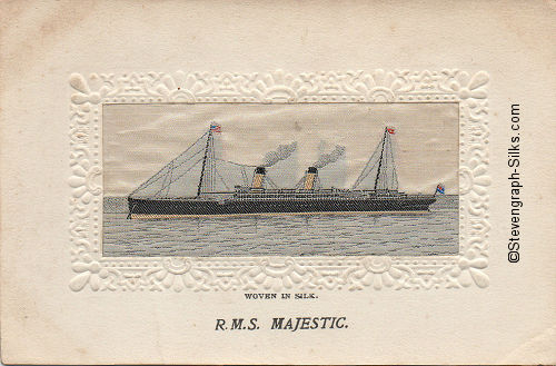 Ocean liner at anchor, with two funnels and four masts