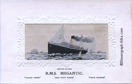 Ocean liner steaming slightly left, with one yellow funnel and two masts, with other boats accompanying