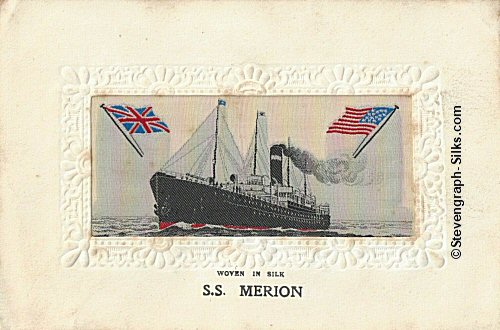 Ocean going ship, with one funnel, four short masts, and images of UK and USA flags