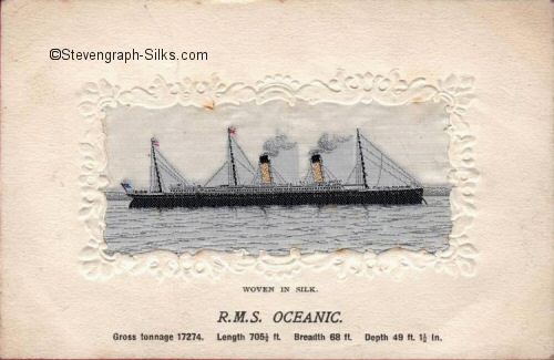 Ocean liner at anchor, with two funnels and three masts