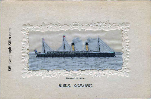Ocean liner at anchor, with two funnels and three masts