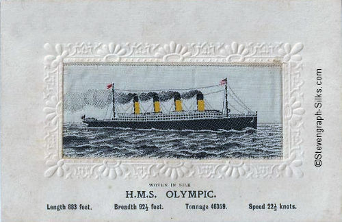 Ocean liner steaming right with four funnels and two masts