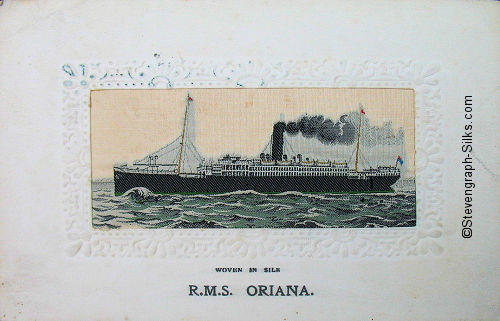 Ocean going ship, with single funnel and two masts, and large bow wave