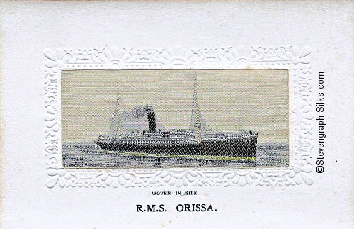 Ocean liner facing right, with one black funnel and two masts