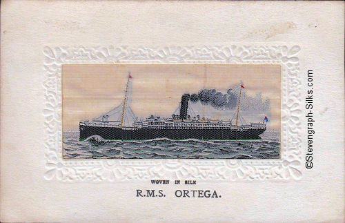 Ocean going ship, with single funnel and two masts, and large bow wave