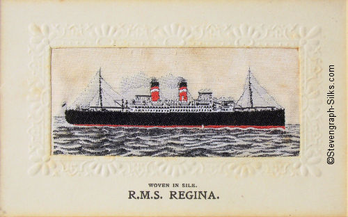 Ocean liner steaming right with two red funnels