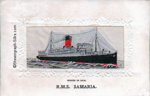 Passenger ship steaming right, with one red funnel and two masts