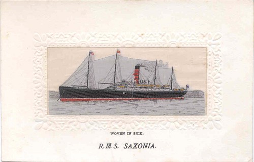 Ocean liner with one red funnel with black bands and four masts