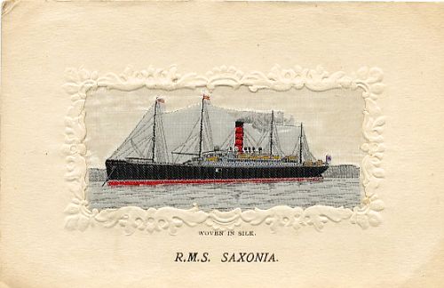 Ocean liner with one red funnel with black bands and four masts