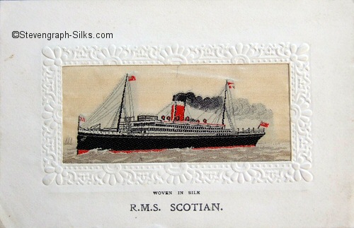 Ocean liner with red funeel with black and white bands, steaming left