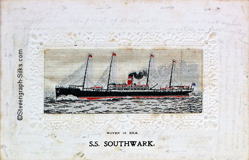 ship sailing left with large bow wave, with red funnel with white band, and four masts