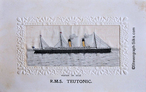 Passenger ship at anchor, with two yellow funnels and three masts