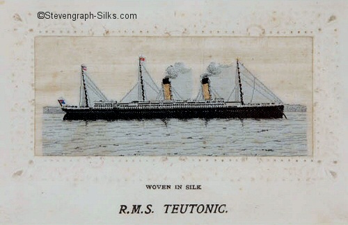 Passenger ship at anchor, with two yellow funnels and three masts