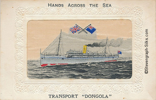 Ocean liner with single yellow funnel, and two flags above ship